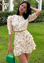 Women's Floral Print Two Piece Set 2026 New Women Puff Sleeve Crop Top + Tiered Ruffle Mini Skirt Casual Vacation Party Outfit - Matrix-studios.com