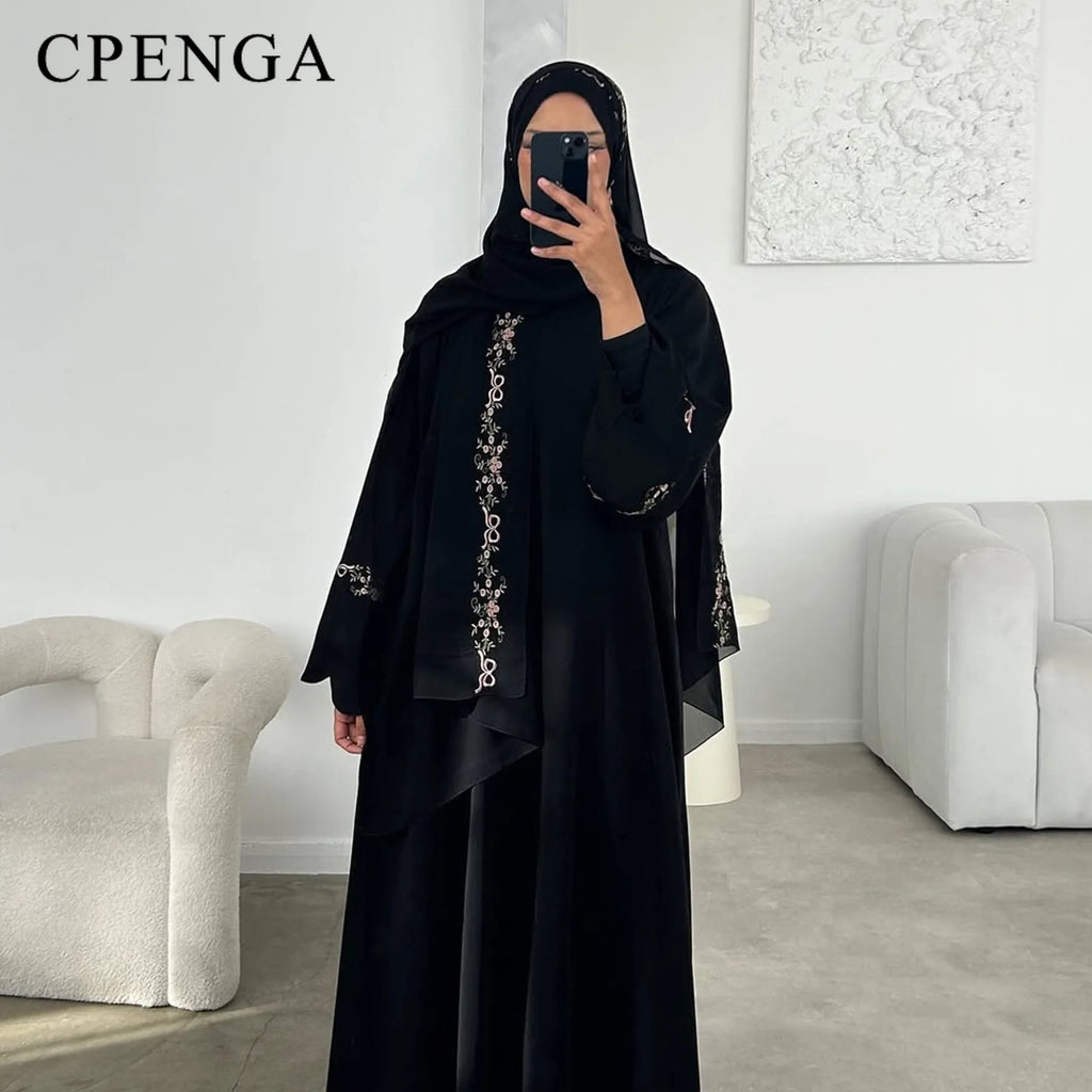 Luxurious Floral Embroidery Hijab Dress for Muslim Women Elegant Dubai Modest Abaya Eid Islam Party Jalabiya Turkey Kaftan Robe - Matrix-studios.com
