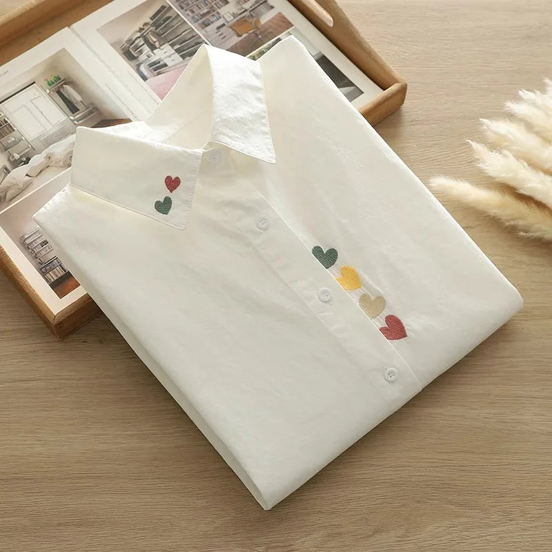 Women Spring Autumn Style Blouses Pure Cotton Shirts Lady Casual Long Sleeve Turn-down Collar Cartoon Embroidery Blusas Tops - Matrix-studios.com