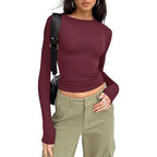 1pcs Four Seasons Fashion Senior Women T-shirt Long Sleeve Crew Neck Solid Slim Fit Tee Ladies Crop Top  Daily Streetwear Camis - Matrix-studios.com