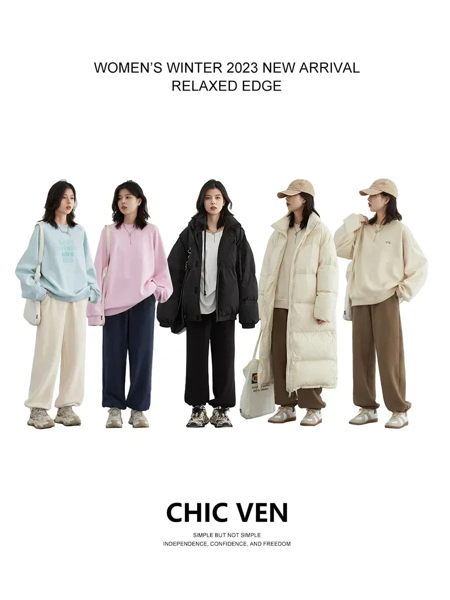 CHIC VEN Women's Pant Loose Casual New High Waist Fleece Pant Thick Plush Warm Female Sports Trousers Autumn Winter 2023 - Matrix-studios.com