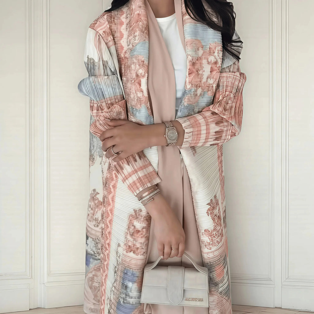 Fold Elegant Vintage Print Open Front  Miyake Abaya, Lightweight Flowy Loose Fit Women's Modest Fashion Long Kimono Cardigan - Matrix-studios.com