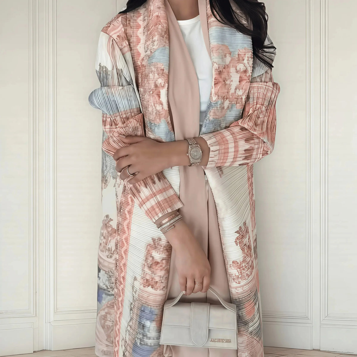Fold Elegant Vintage Print Open Front  Miyake Abaya, Lightweight Flowy Loose Fit Women's Modest Fashion Long Kimono Cardigan - Matrix-studios.com