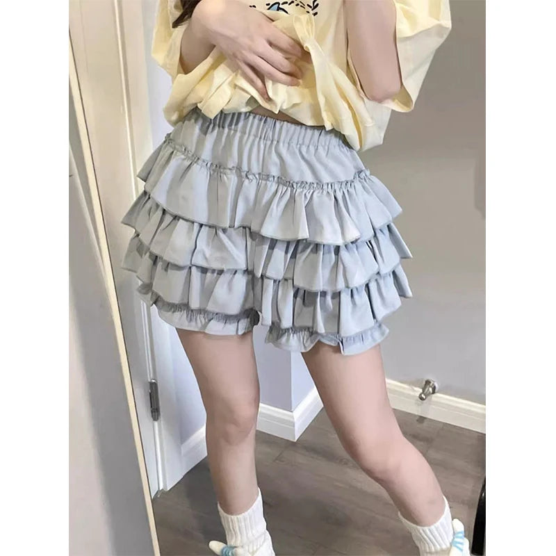 MEXZT Y2K Sweet Ruffles Mini Skirt Women Kawaii Lolita Bow A Line Skirts Harajuku Japanese High Waist Pink White Ball Gown Skirt - Matrix-studios.com