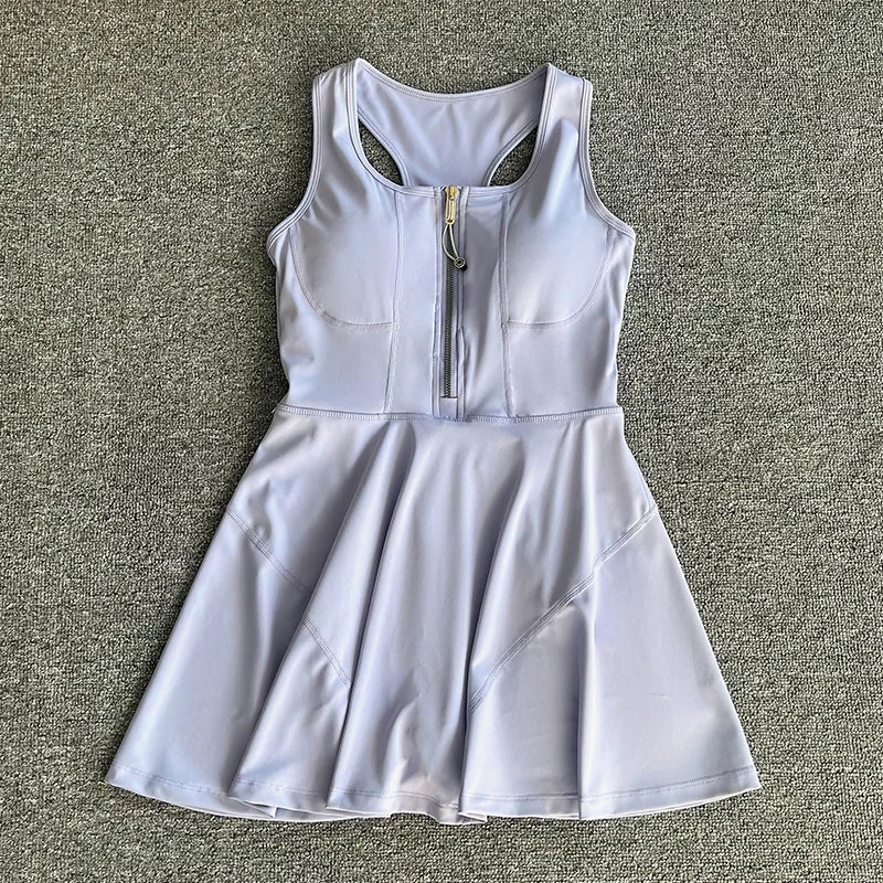 Tennis Skirt Casual Half Zipper Sports Fitness Dress Anti-Running High Waist Slim Golf Yoga Dress - Matrix-studios.com