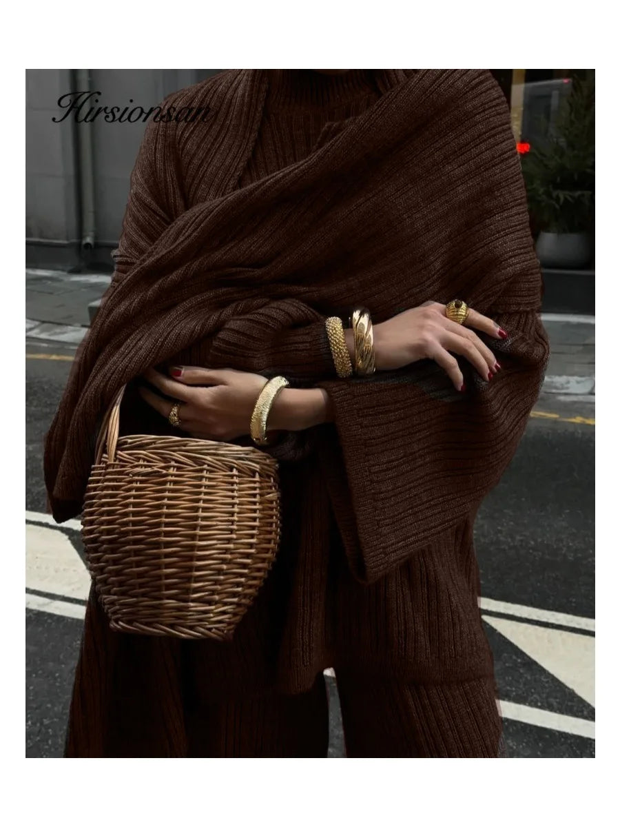 Hirsionsan Soft Elegant Vintage Women Suits 3 Pieces Female Sets O Neck Sweater & Wild Leg Pants with Scarf Knitted TrackSuit - Matrix-studios.com