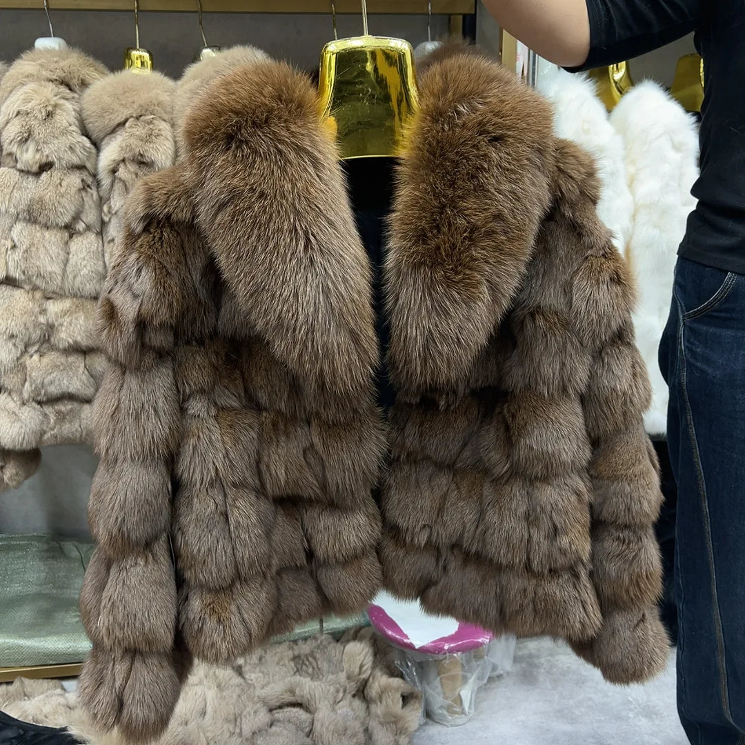 HUA QIU MEI SI Women's Natural Fox Fur Jacket with Fox Collar for Winter Warmth, Short Style Real Fox Fur Leather Jacket - Matrix Studios