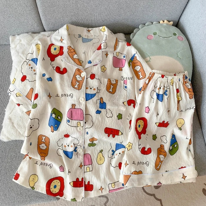 Embroidery Dog Sweet Fashion Cute Pajamas Set for Women Plaid Lapel Neck Elastic Waist Design Pajamas Short New Casual Nightwear - Matrix-studios.com