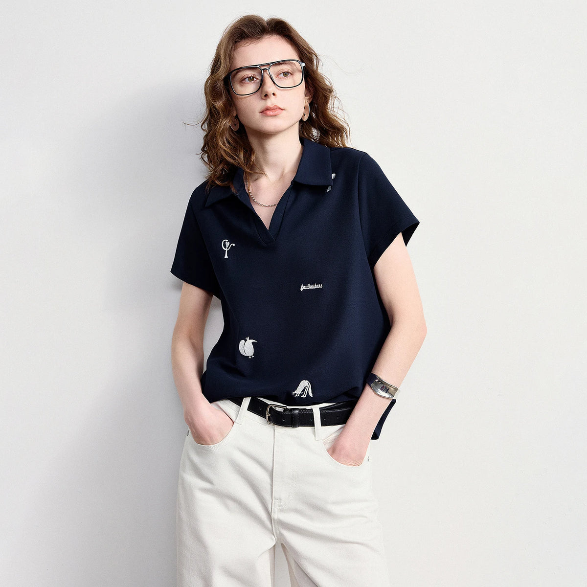 TOYOUTH Women Polo T-Shirt 2026 Summer Joint Name with Gongchangzhang Embroidered V-Neck Age-Reducing Trendy Tops - Matrix-studios.com