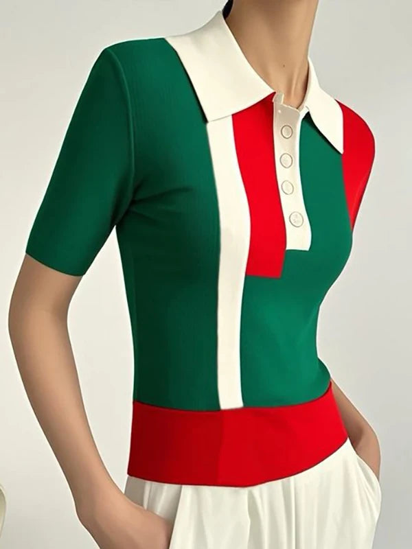 Modigirl Knit Sweater Tops for Women 2025 Casual Contrast Color Buttoned Skinny Short Sleeves Polo Tee Shirts Woman Clothes - Matrix-studios.com