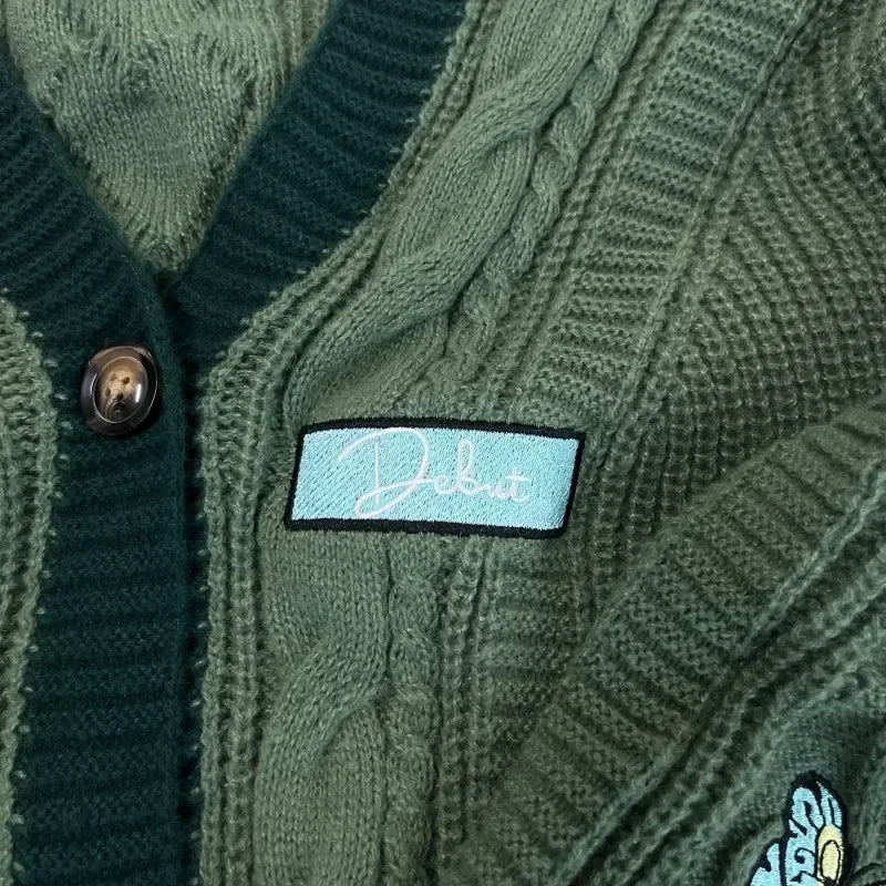 Butterfly Knitted Cardigan Women Dark Green Cardigans with Embroidery Winter Letter Patch Oversized Sweaters Tops Folklore Girl - Matrix Studios