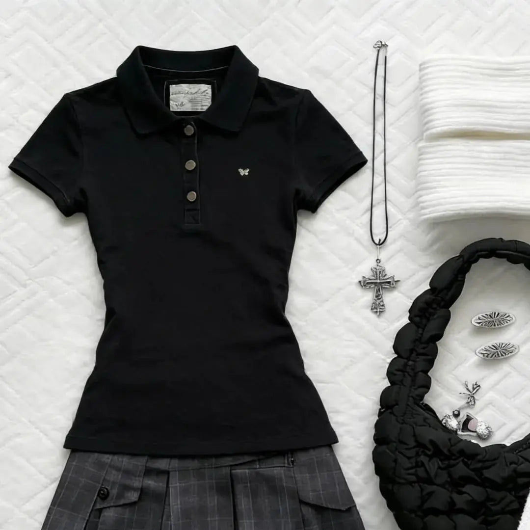 Y2K Japanese Streetwear Polo Shirt Women Slim Crop Tee 2025 White Short Sleeve Tops Letter Badge Houndstooth Vintage Harajuku - Matrix-studios.com