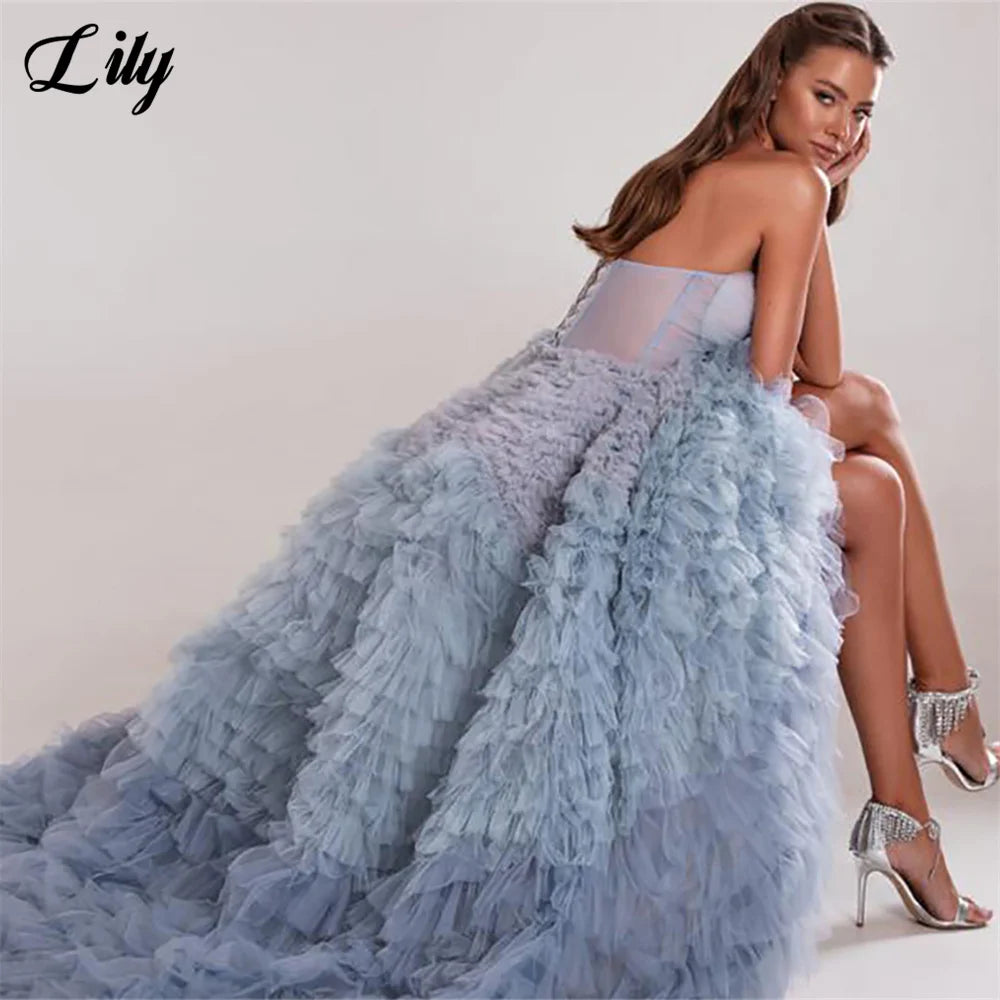Lily Dusty Blue Sweetheart Evening Dresses Sleeveless Net Charming Prom Dresses Tiered Layer Party Dresses for Woman Customized - Matrix Studios
