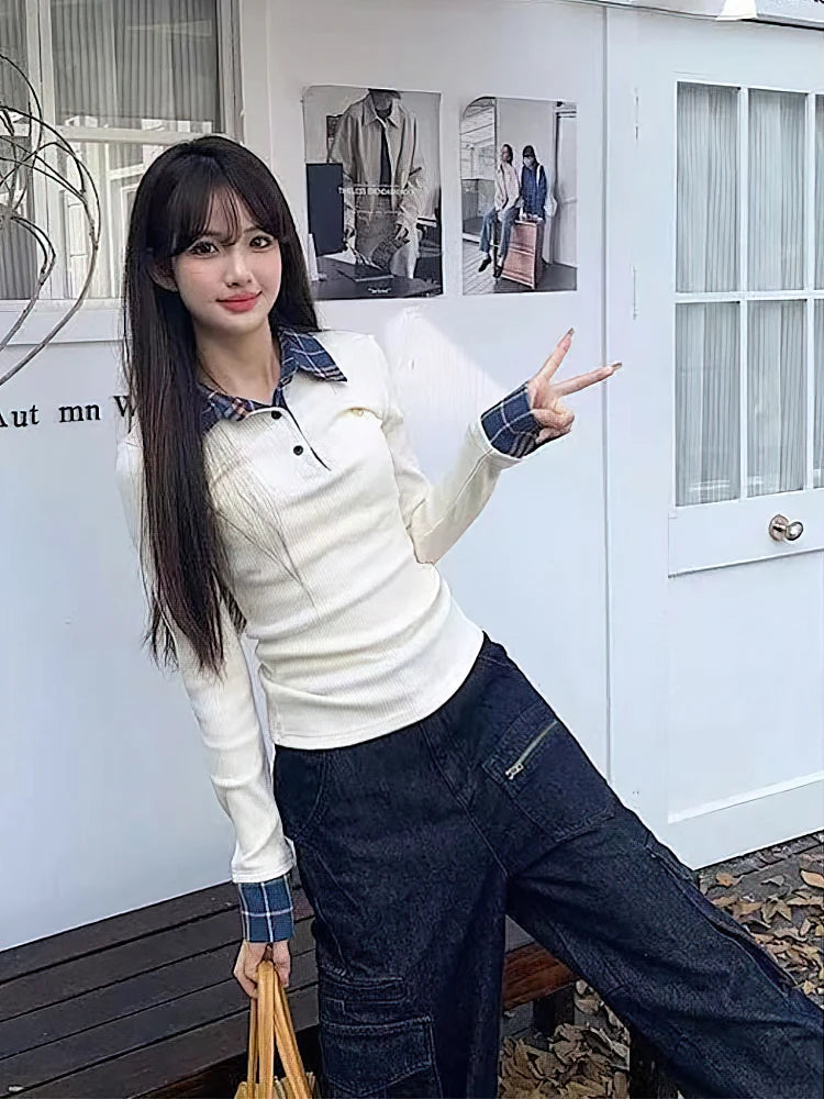 Preppy Polo Neck Plaid Long Sleeve Layered T Shirt Women Fake Two-piece Basic Top V Neck Button Blouses Tees Embroidery - Matrix-studios.com