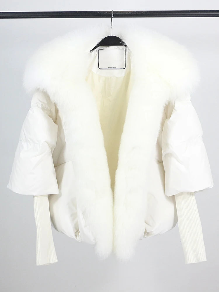 Loose Natural Real Fox Fur Collar Coat Thick New European Fashion White Duck Down Jacket Winter Women Warm Luxury Outerwear - Matrix Studios