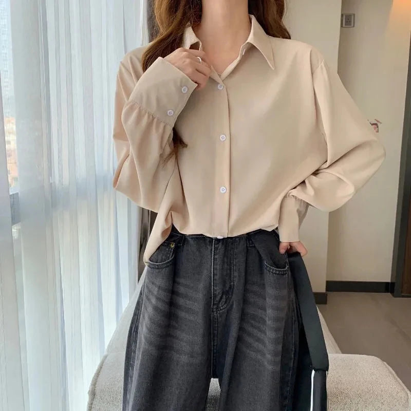 Women Chiffon White Shirts Korean Fashion Solid Loose Long Sleeve Tops Office Ladies Elegant Casual All Match Blouses Spring New - Matrix-studios.com