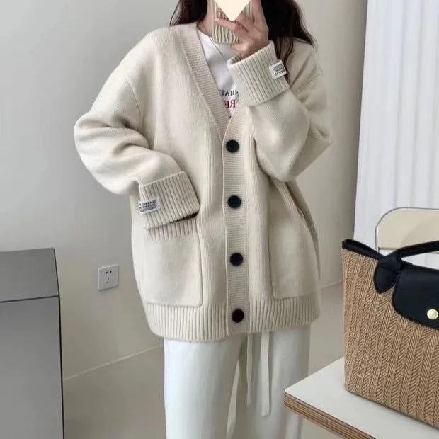 OCEANLOVE Cardigans Autumn Winter Solid Preppy Style Women Sweaters Korean Fashion V Neck Loose Warm Sweet Sueteres Mujer - Matrix Studios