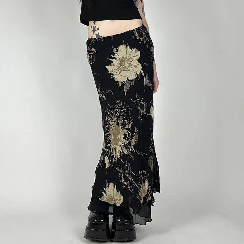 Goth Dark Y2K Aestheics Double Layer Mesh A-line Skirt Women Fashion Florals Print Slim Skirts Fairy Streetwear Gothic Bottoms - Matrix-studios.com