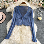 Women Tie Front Crop Cardigan Sheer Openwork Crochet Knit Top Lightweight Bolero Sweater Summer Fairycore Boho Chic Beach Outfit - Matrix Studios