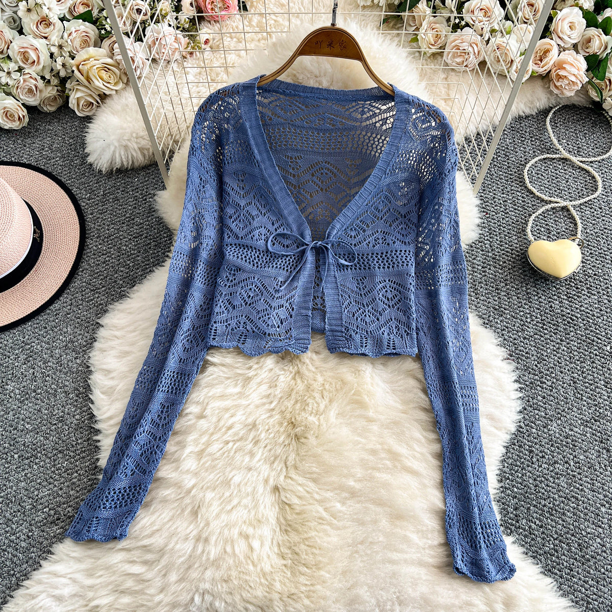 Women Tie Front Crop Cardigan Sheer Openwork Crochet Knit Top Lightweight Bolero Sweater Summer Fairycore Boho Chic Beach Outfit - Matrix Studios