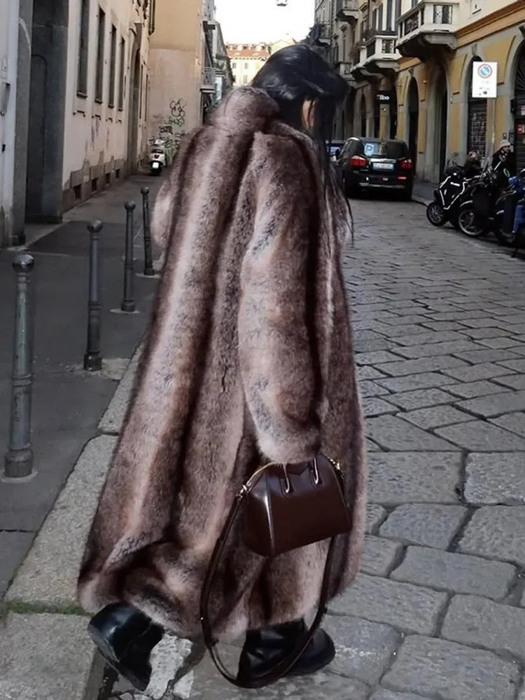 Chic Brown Faux Fur Overcoat Women Casual Luxury Lapel Long Sleeve Fluffy Coat Winter Female Thicken Warm High Street Outwear - Matrix Studios