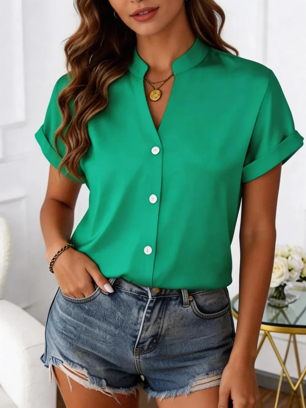 European Style Simple V-Neck Blouse for Women - Summer Short-Sleeved Loose-Fitting Slimming Professional Business Shirt - Matrix-studios.com