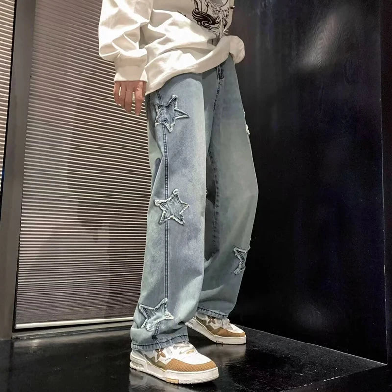 Star Embroidery Straight Casual Men Jeans Gothic Neutral New Wide Leg Loose Hip-hop Fashion Youth Streetwear Denim Trousers Y2K - Matrix Studios