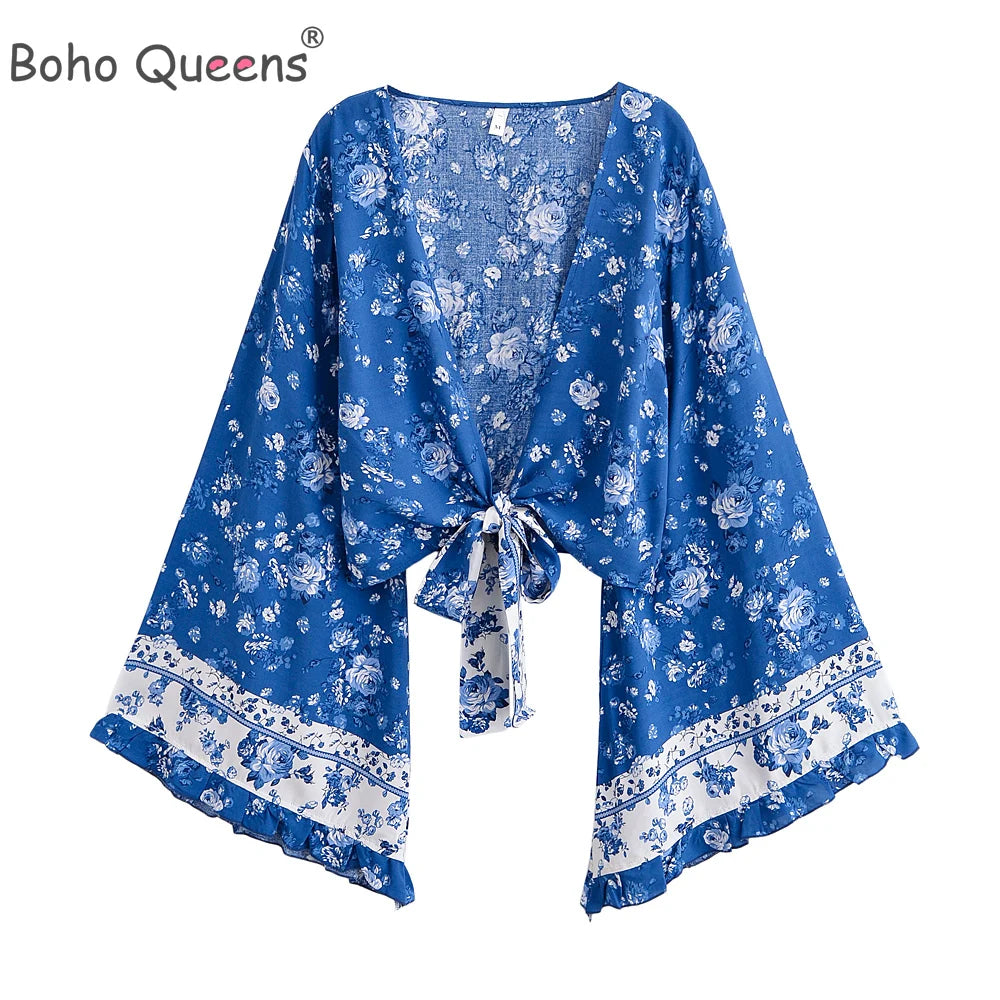 Boho Queens Women Wild Floral 2025 Beach Summer Short Kimono Ruffles Flare Sleeves Vacation Bohemian Bikini Boho Cover-ups - Matrix Studios