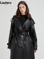 Lautaro Spring Autumn Extra Long Brown Pu Leather Trench Coat for Women Sashes Luxury Chic Overcoat Runway European Fashion 2024 - Matrix Studios