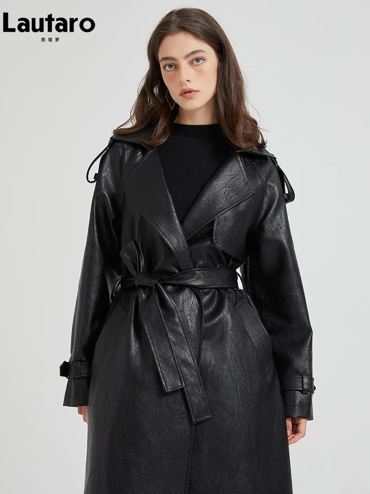 Lautaro Spring Autumn Extra Long Brown Pu Leather Trench Coat for Women Sashes Luxury Chic Overcoat Runway European Fashion 2024 - Matrix Studios
