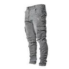 Men Street Elastic Denim Jeans Wash Solid Color Multi Pockets Cargo Pants Casual Slim Fit Daily Wear Joggers Mid Waist Trousers - Matrix Studios