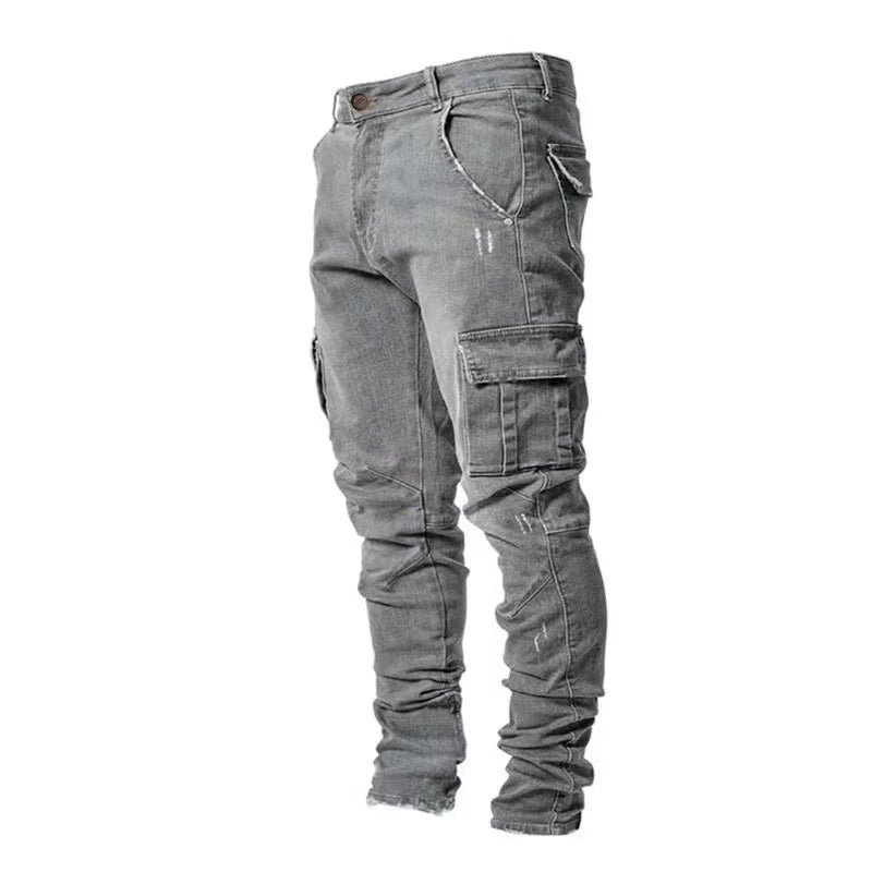 Men Street Elastic Denim Jeans Wash Solid Color Multi Pockets Cargo Pants Casual Slim Fit Daily Wear Joggers Mid Waist Trousers - Matrix Studios