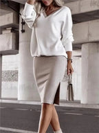 Autumn Winter Casual Loose V-neck Sweatshirt Suit Women's Tight Skirt Long-sleeved Top Two-piece Set New Fashion Holiday Sets - Matrix-studios.com