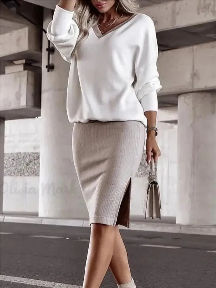 Autumn Winter Casual Loose V-neck Sweatshirt Suit Women's Tight Skirt Long-sleeved Top Two-piece Set New Fashion Holiday Sets - Matrix-studios.com