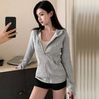 Gray Zipper Hooded Sweatshirt Women 2026 New Korean Slim Fit Cardigan Long Sleeve Coat Woman Solid Pockets Sports Hoodies Jacket - Matrix Studios
