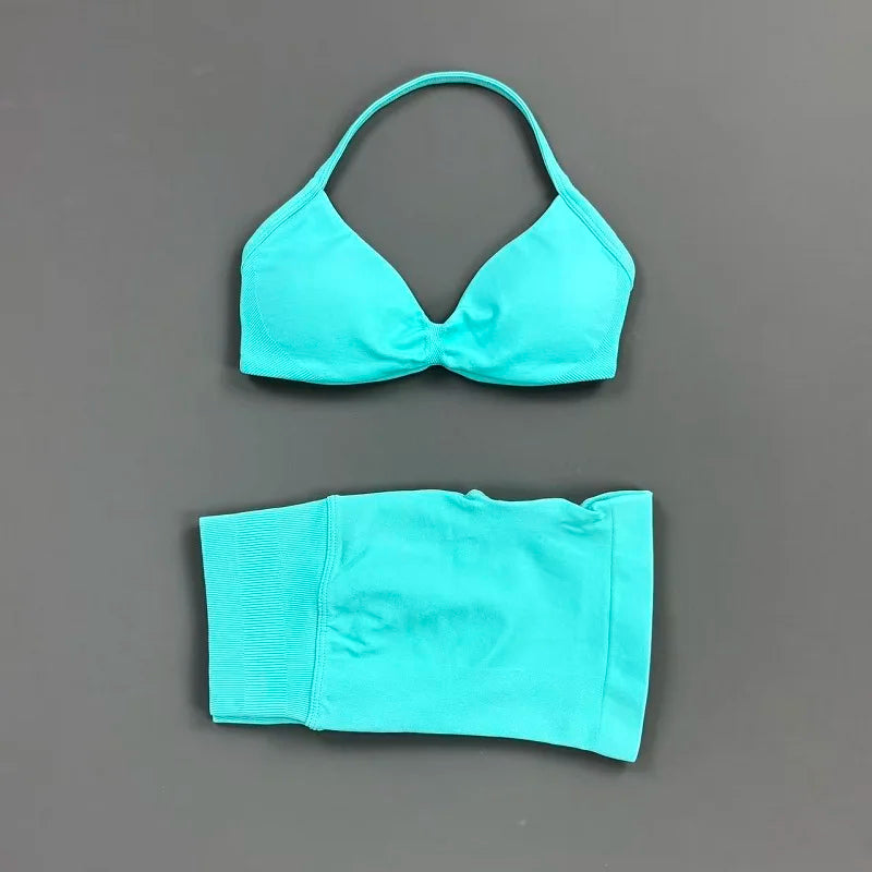 HISTELLO Gym Set 2 Piece Women Strappy Yoga Bra Top Workout Scrunch Shorts Sports Suit Fitness Clothes Seamless Yoga Set - Matrix-studios.com
