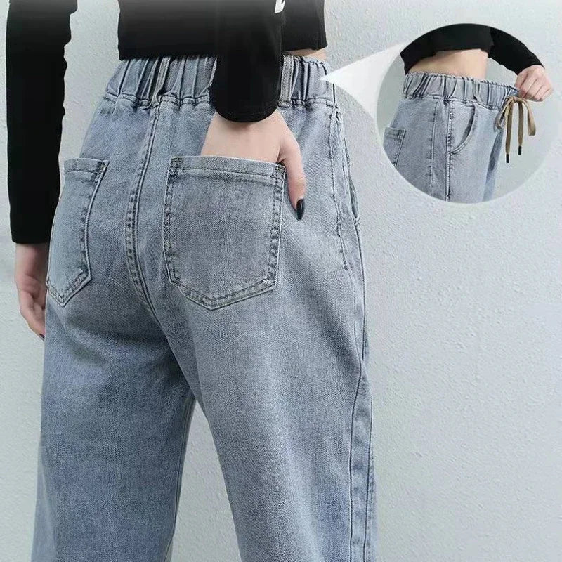 Cargo Jeans Women 2024 Spring and Autumn Korean Version of High Waist Pants Loose Slimming Straight Leg Bundle Haren Pants Tide - Matrix-studios.com