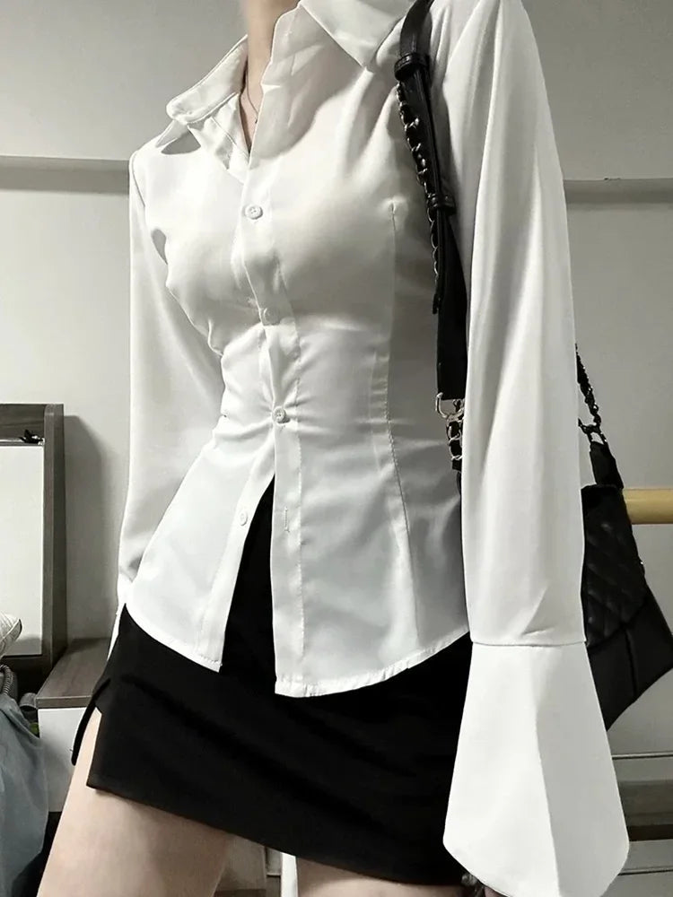 Sexy Slim Flared Sleeve Women's Shirt Solid Lapel Single-breasted Back Bandage Tunic Female Blouses Spring Trend New Lady - Matrix-studios.com