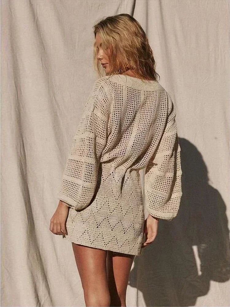 Sexy Deep V-neck Lace-up Bell Sleeve Knit Mesh Hollow Out Beach Mini Dress 2026 Summer Swimsuit Cover Up Women Casual Tunic K14 - Matrix Studios