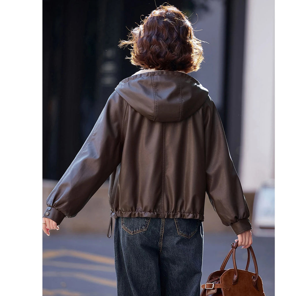 Plus Velvet Thickened Warm Leather Parka Autumn Winter New Chic Casual Loose Fur One-Piece Hooded Jacket Women's Outwear - Matrix Studios