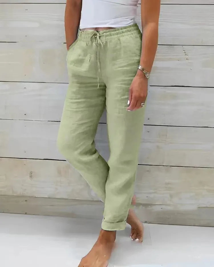 Cotton Linen Summer Pants for Women High Waist Elastic Casual Trousers Streetwear Solid Female Clothes 2026 Loose Pencil Pants - Matrix-studios.com