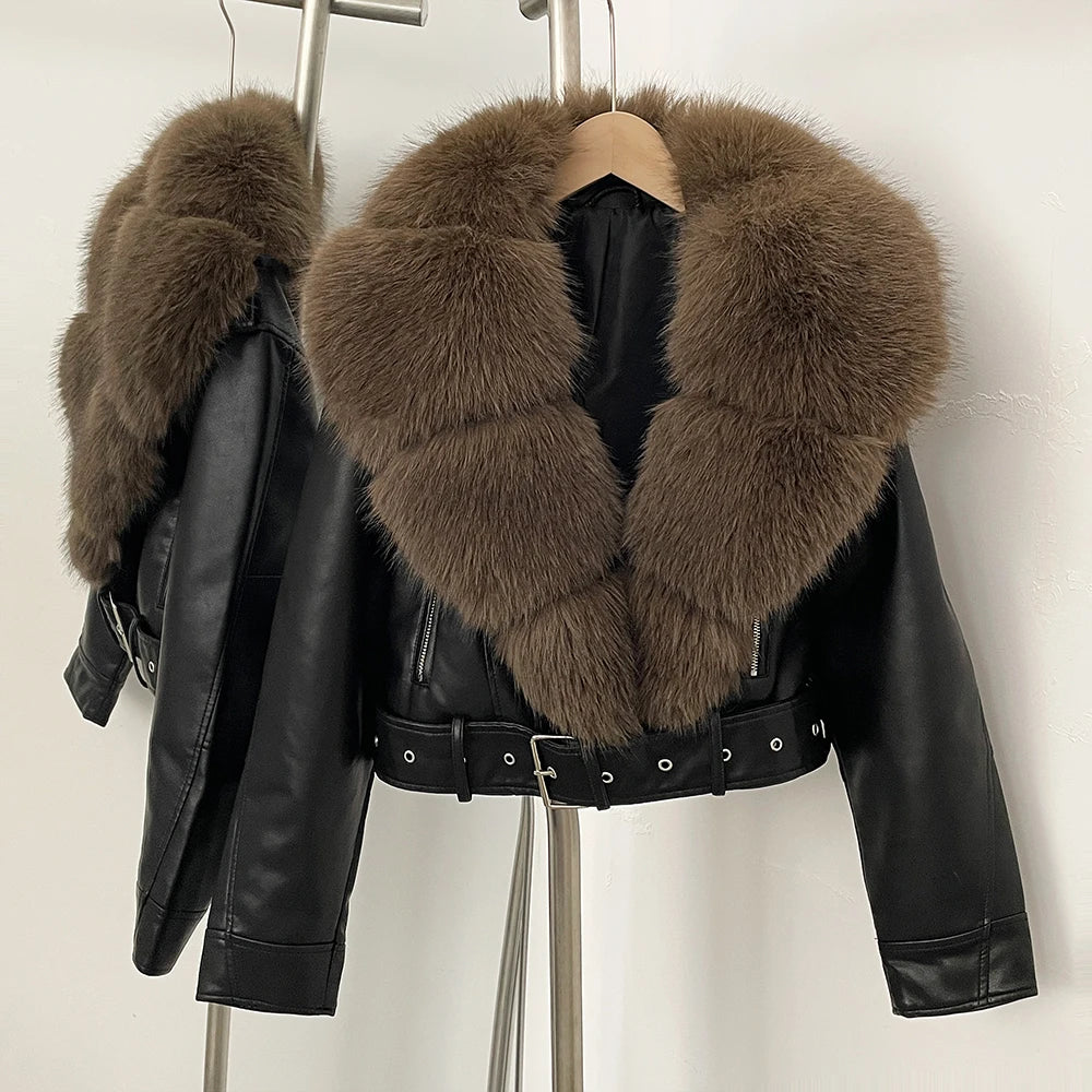 Faux Fur Coat  Female Autumn Faux Leather Jacket Short Clothing Long Sleeve Spring New PU Fur Jacket Artificial Women Pockets - Matrix Studios
