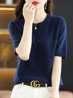 New Short-sleeved Knitwear Women O-neck T-shirt Wool Cotton Blend Pullover Vest Sprig Summer Bottoming Tops Sweater Solid Soft - Matrix Studios