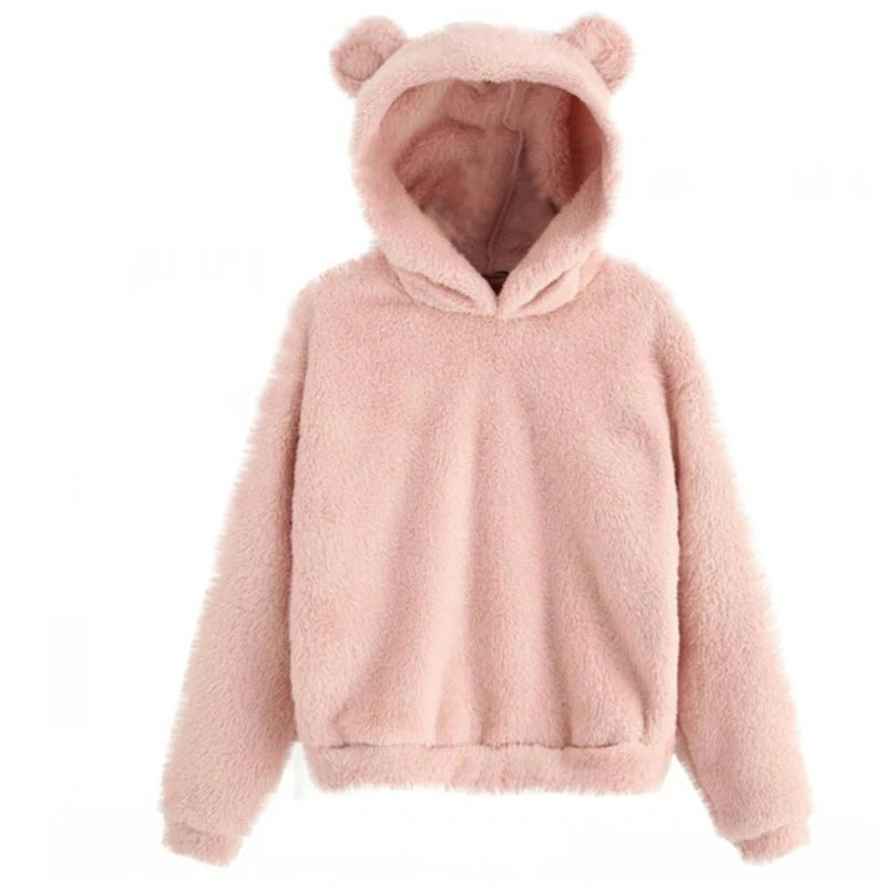 Winter Korean Fashion Bear Ears Cute Loose Hoodie Fluffy Hooded Warm Sweatshirt Long Sleeve Top Solid Pullover Clothes For Women - Matrix Studios