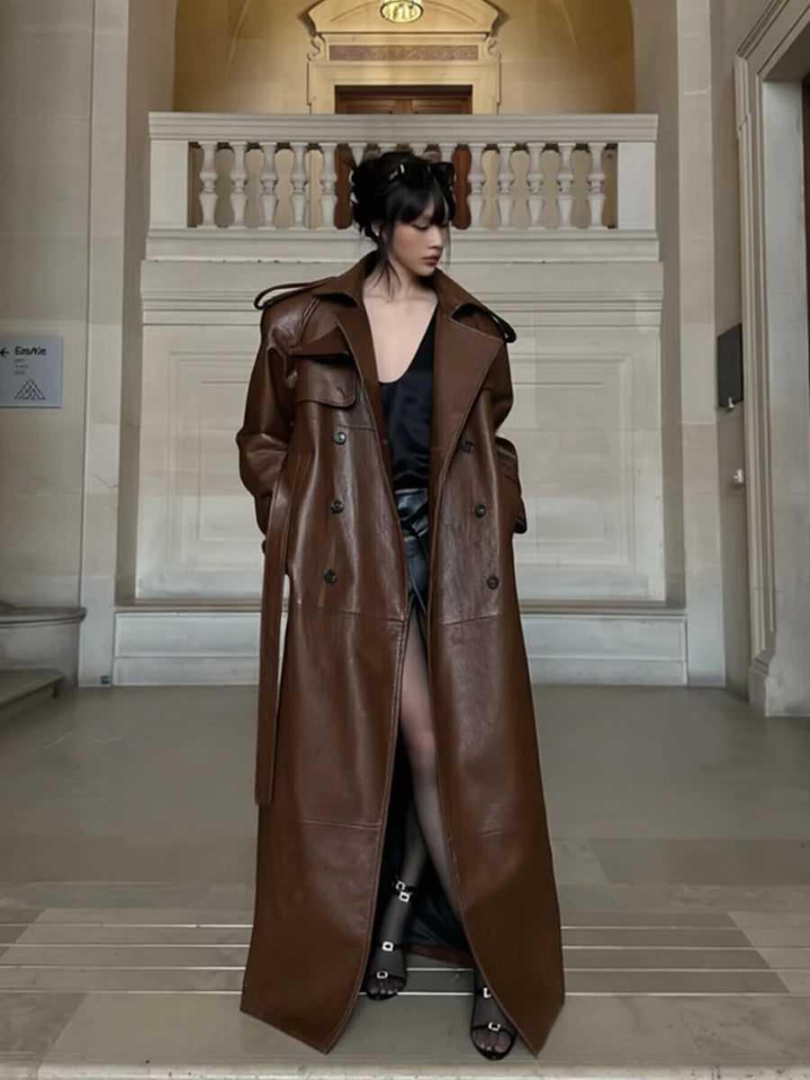 Lautaro Spring Autumn Extra Long Black Pu Leather Trench Coat for Women with Back High Slit Luxury Chic European Fashion 2024 - Matrix Studios