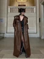Lautaro Spring Autumn Extra Long Black Pu Leather Trench Coat for Women with Back High Slit Luxury Chic European Fashion 2024 - Matrix Studios