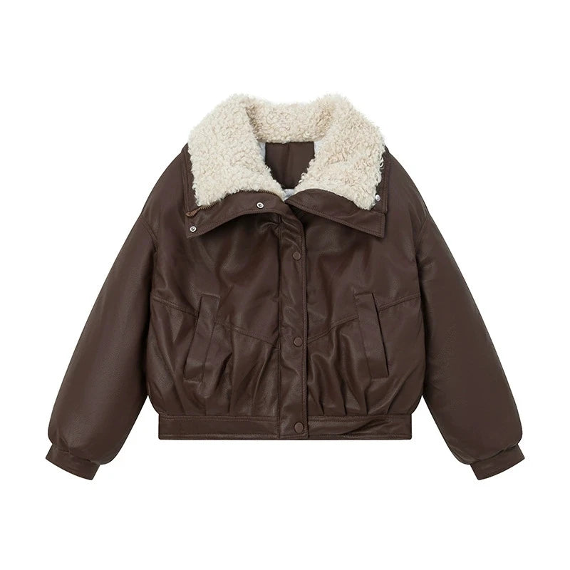 Lambskin Large Fur Collar Fake Lambskin Leather Jacket 2025 New Women Autumn Winter Jacket Coat Korean Loose Down Cotton Jacket - Matrix Studios