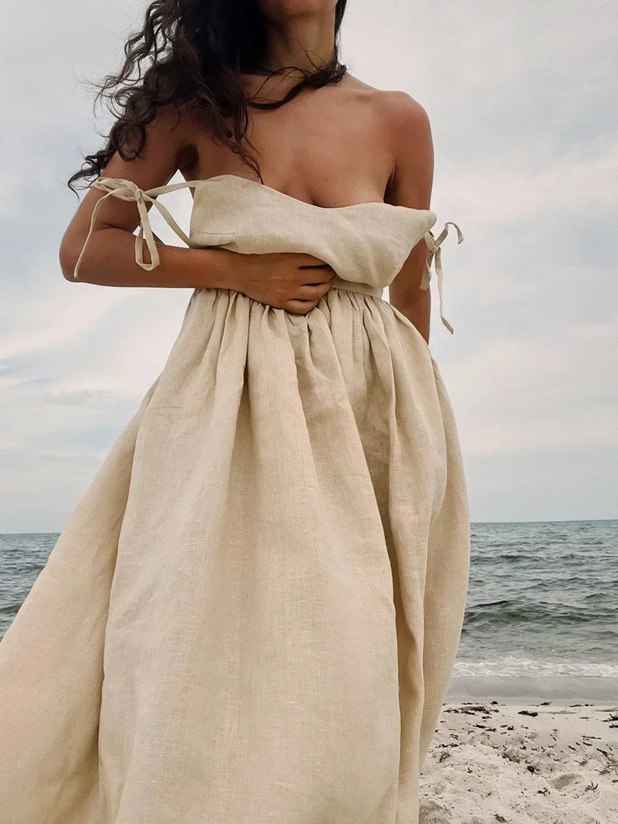 Bornladies Spring Summer Beach Style Women Dress Vintage Loose A-line Sling Dress Sexy Hot Girl 100% Cotton V-neck Dress - Matrix-studios.com