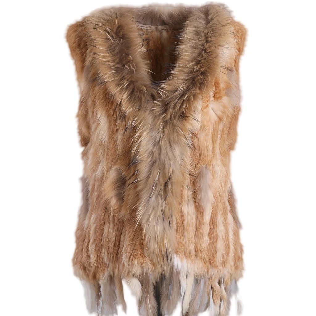 BOONJOVIA Women's 100% Real Rabbit Fur Knitted Vest Raccoon Fur Trim Collar Gilet Lady Fashion Waistcoat For Autumn Winter - Matrix Studios
