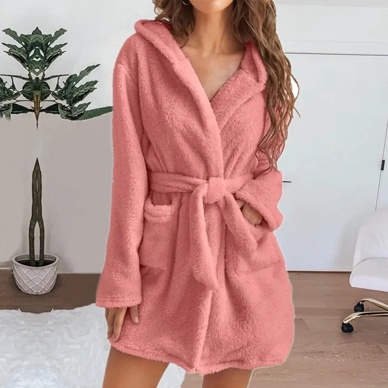 Autumn Winter Women Sexy Bath Robe Fluffy Plush Pyjamas Ladies Hooded Dressing Solid Color Gown Warm Bathrobe Female Loungewear - Matrix-studios.com